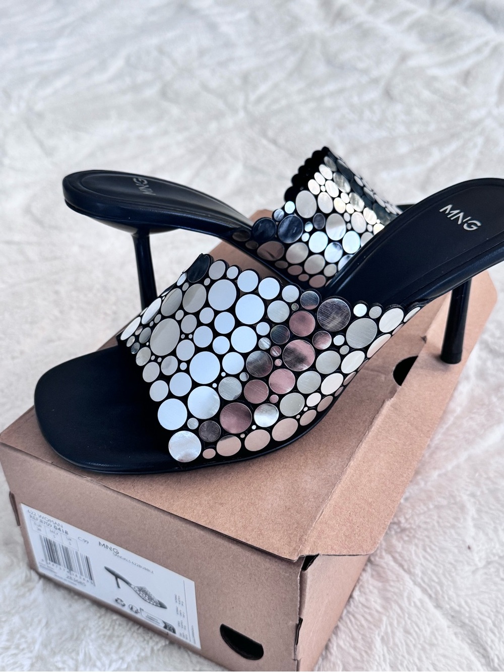 Mango Black Slide Heels with Silver Disc Embellishments